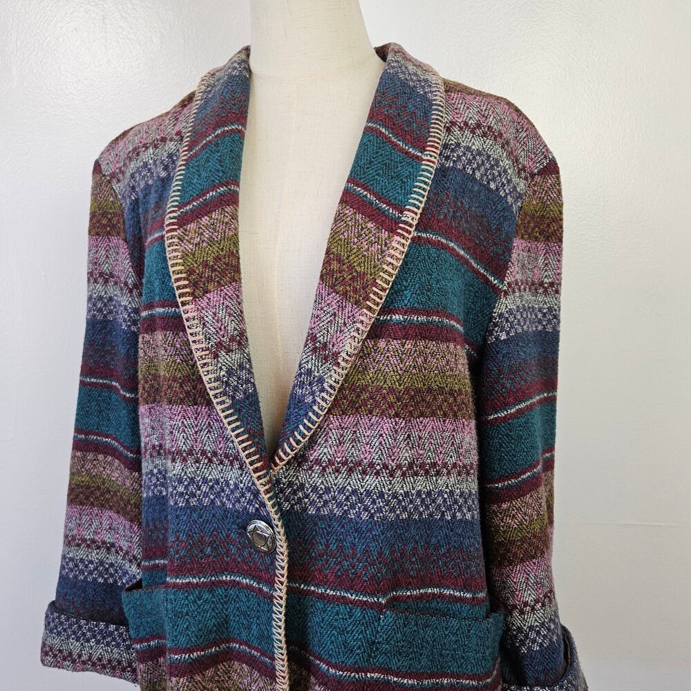 Vintage David Paul‎ Southwestern Stripe Blanket Blazer M Burgundy Teal Grey